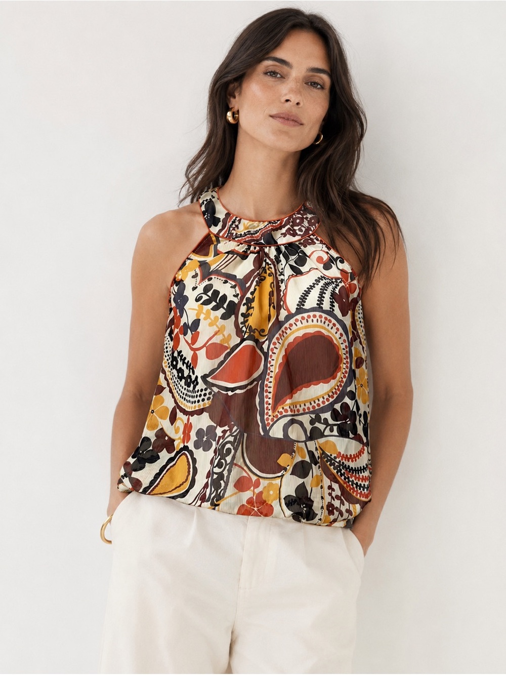 Sheer Paisley Print Cut-In High-Nick Sleeveless Chiffon Blouse Top